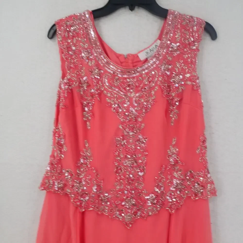 NEW J. Kara Women's 8 Petite Cap Sleeve Beaded Top Long Dress Coral 2737 - Picture 10 of 14